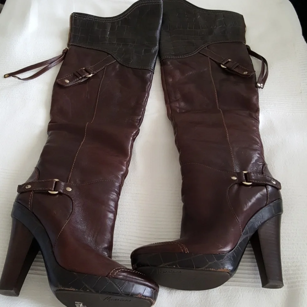 Marciano Brown Over-the-Knee Leather Boots with Dark Brown Trim